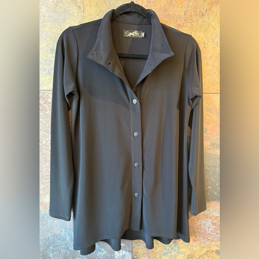 Sympli button up black turtle neck tunic/blouse. Slight hi/lo, unbuttons, sz 8